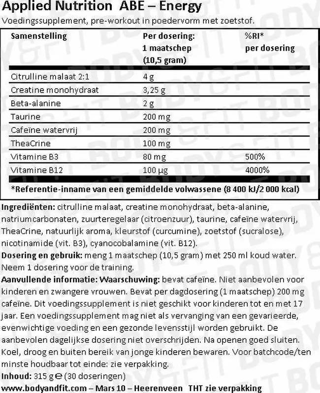 Op deze foto zie je de label van de ABE Pre-Workout 