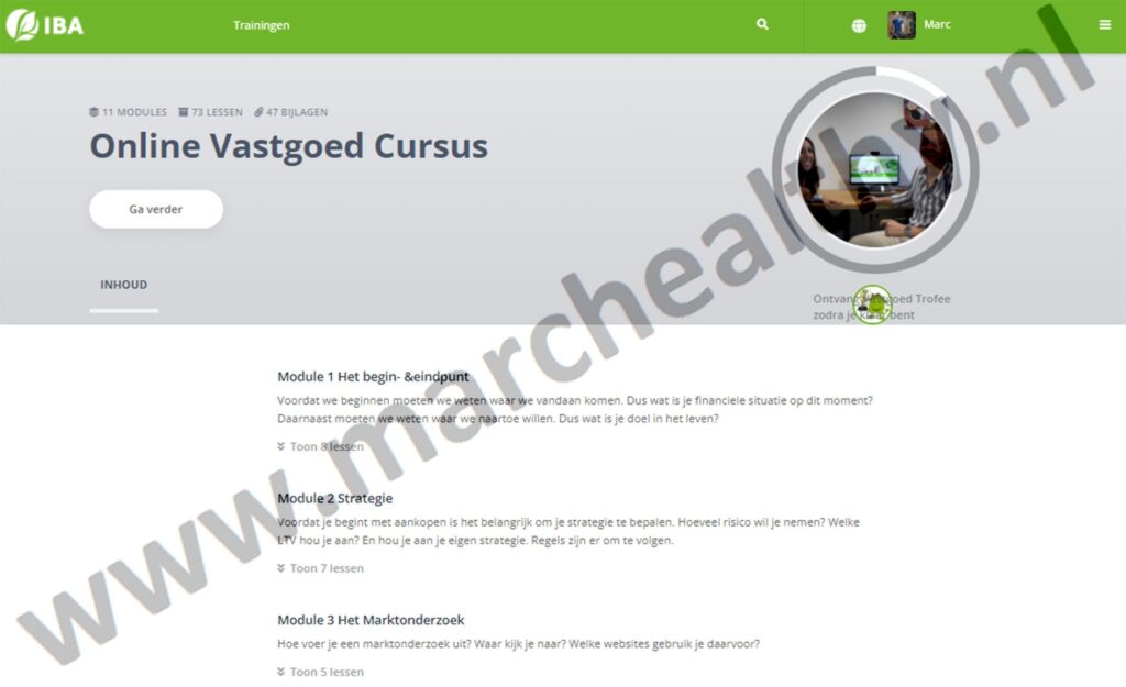 Op deze foto zie je de online omgeving van de IBA Coaching Vastgoed Cursus