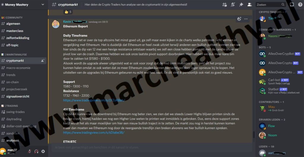Op deze foto zie je de discord cryptomarkt binnen money mastery
