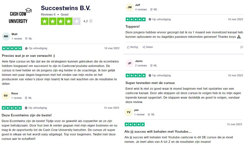Op deze foto zie je ervaringen van Cash Cow University trustpilot
