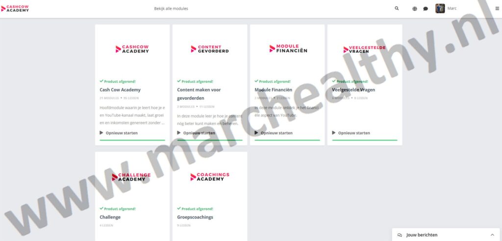 Op deze foto zie je de online omgeving van de Cash Cow Academy