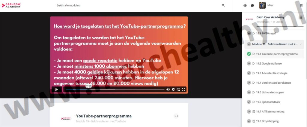 Op deze foto zie je Module 19: Geld verdienen met YouTube van de Cash Cow Academy