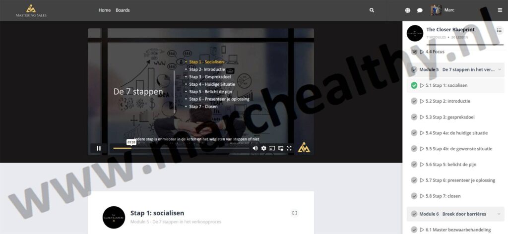 Op deze foto zie je de The Closer Blueprint. Dit is de hoofdcursus vanaf de High Ticket Closing Kickstarter