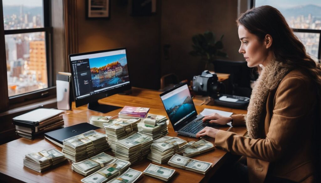 Op deze foto zie je geld en een laptop van affiliate websites