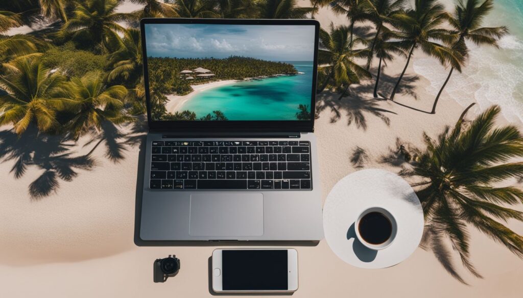 Op deze foto zie je een laptop in de natuur