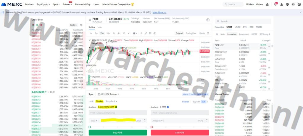 Op deze foto zie je spot trading bij mexc