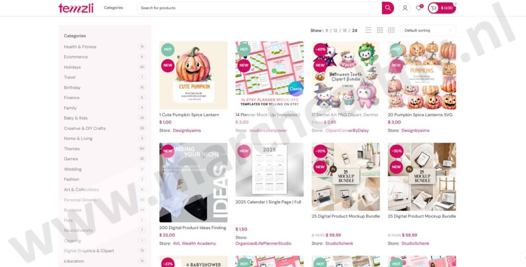 Op deze foto zie je de Temzli Shop als voorbeeld om PLR-producten te verkopen