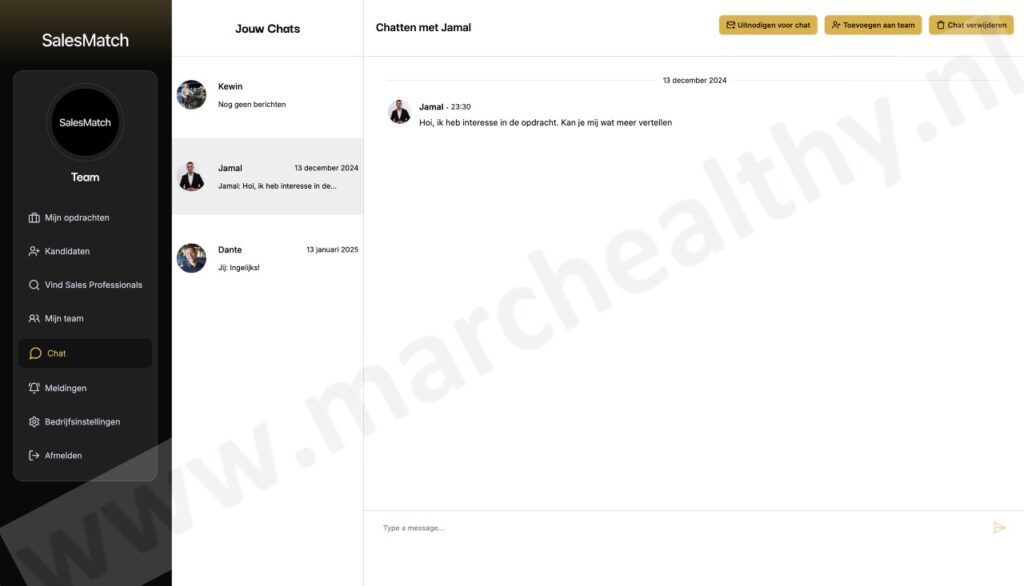 Op deze foto zie je de chat op het platform van SalesMatch
