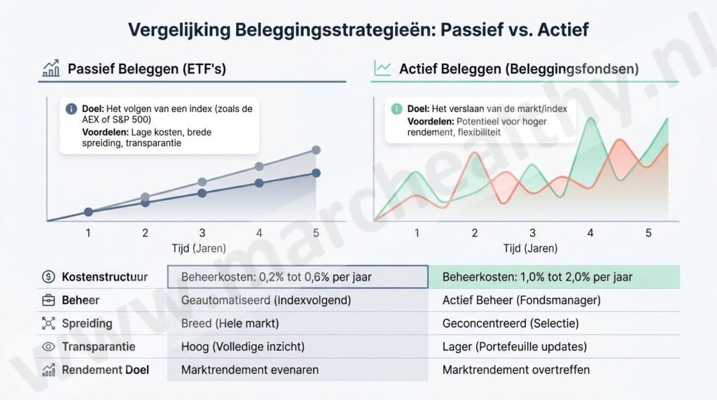 Op deze foto zie je de vergelijking tussen passief beleggen en actief beleggen in ETF's