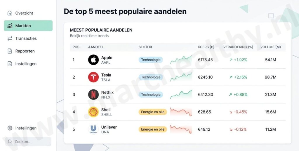 Op deze foto zie je de 5 populairste aandelen